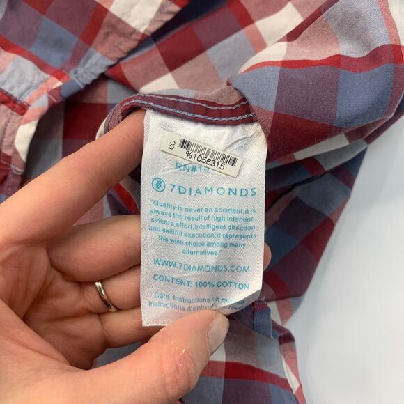 7 Diamonds Shirt Mens XXL 2XL Red Cotton Plaid Short Sleeve Snap Button Western - Picture 7 of 10